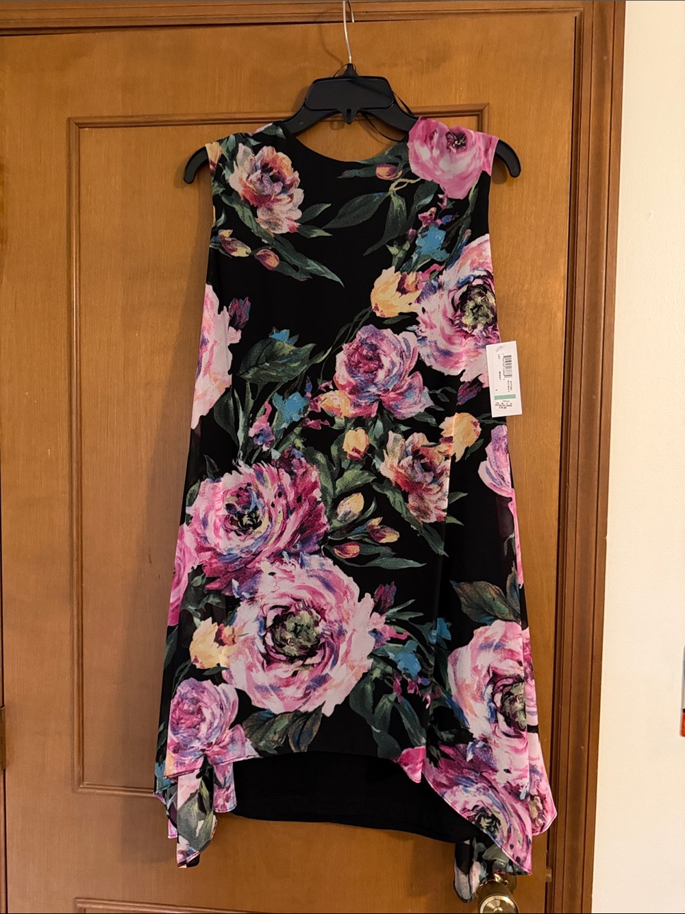 Floral Print Black Midi Dress with Pink Roses
